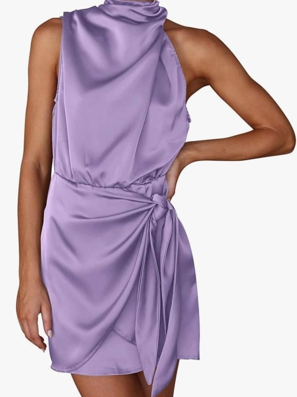Sleeveless Satin Tie-Waist Mini Dress in Lavender